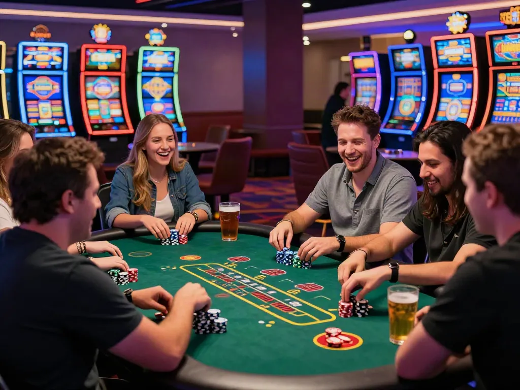 Exciting scene at new non gamstop casinos with players enjoying blackjack, vibrant casino atmosphere.