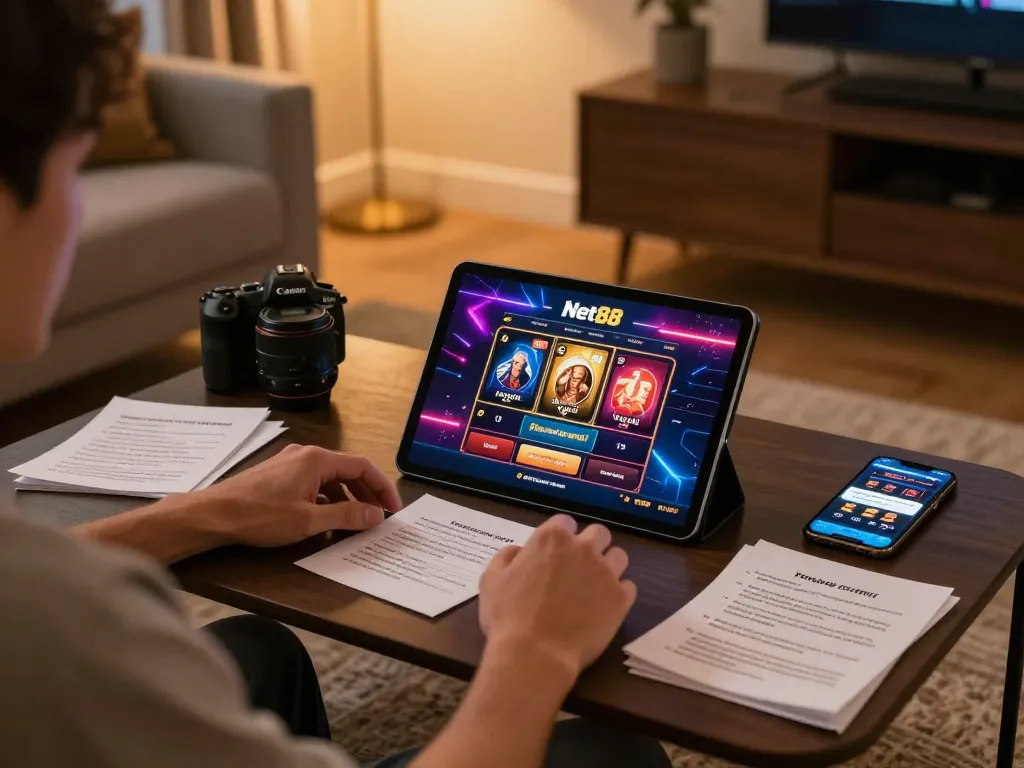 Player using Net88 app on tablet, showcasing responsible gaming in a cozy setup