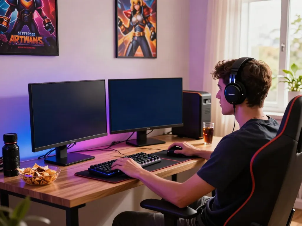 Gamer enjoying new non gamstop casinos in a vibrant home gaming setup