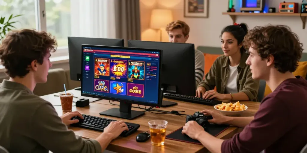 Excited friends enjoying a lively gaming session at new non gamstop casinos.