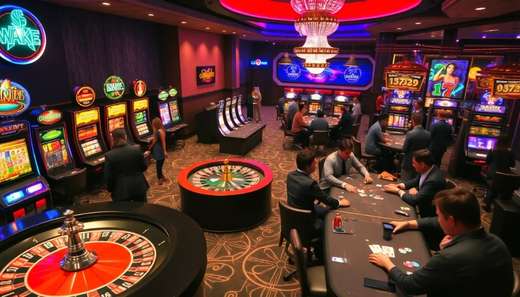A captivating casino scene featuring players at KJC AC 3 roulette, poker tables, and slot machines.