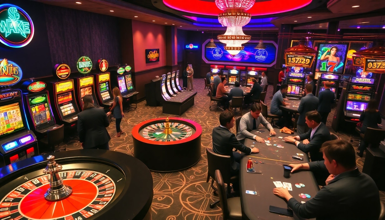 A captivating casino scene featuring players at KJC AC 3 roulette, poker tables, and slot machines.