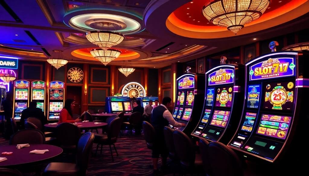 Engage with Slot777 gaming machines in a vibrant casino, experiencing thrilling wins.