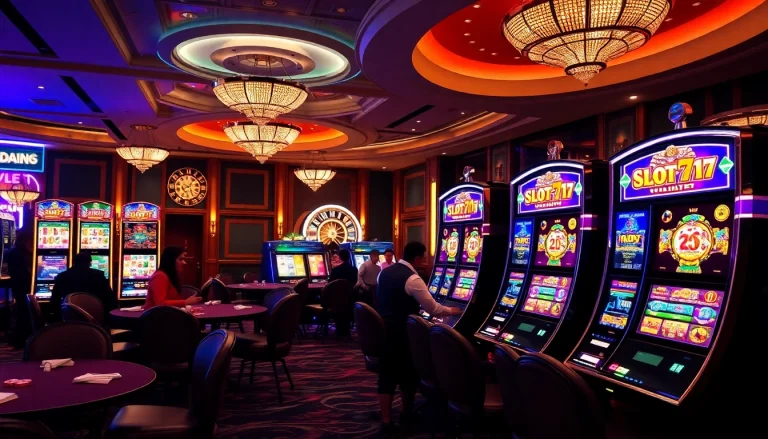 Engage with Slot777 gaming machines in a vibrant casino, experiencing thrilling wins.