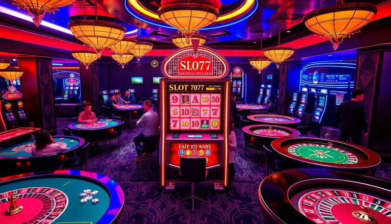Engage with Slot777's thrilling casino experience featuring vibrant slot machines, poker tables, and dice.