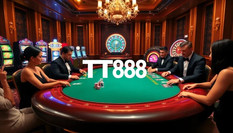 TT88 players enjoying high stakes poker at a luxurious casino table with vibrant chips.