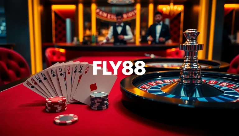 FLY88 casino scene showcasing poker chips and roulette wheel with luxury ambiance.
