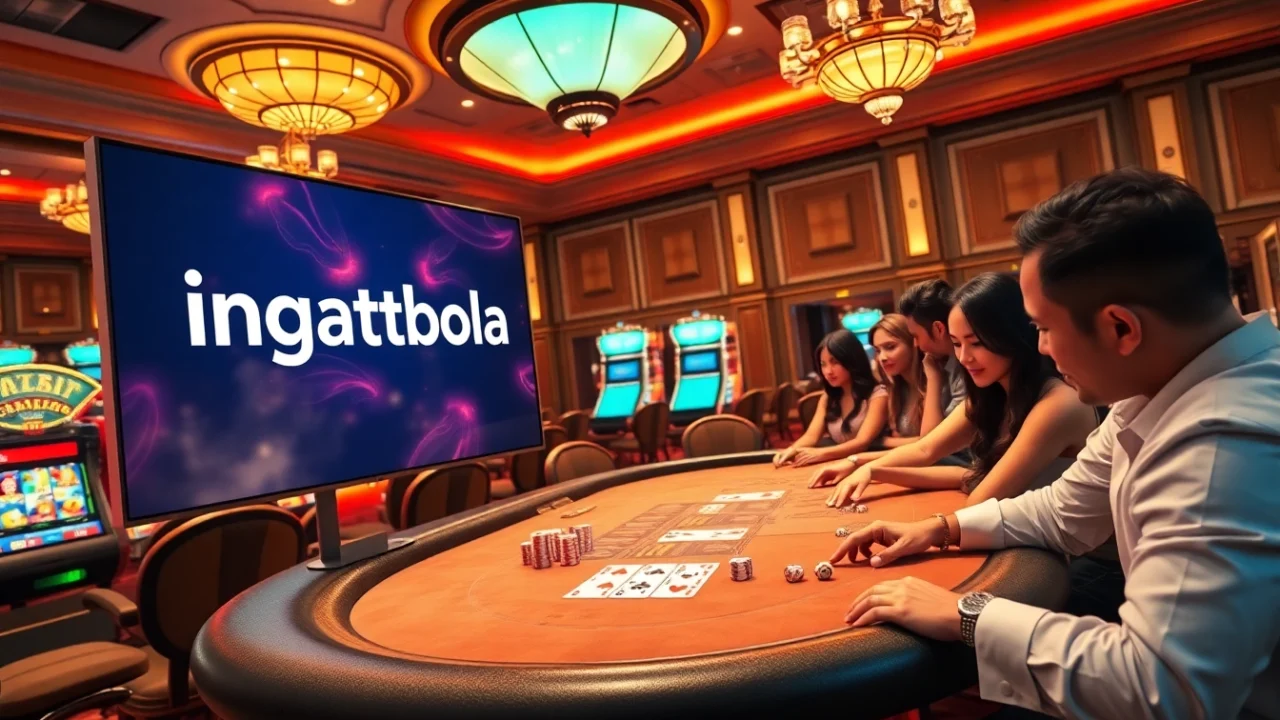 Engaging online gaming interface displaying ingatbola on a luxurious casino table filled with poker chips and dice.