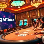Engaging online gaming interface displaying ingatbola on a luxurious casino table filled with poker chips and dice.