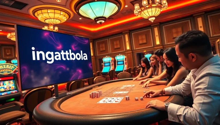 Engaging online gaming interface displaying ingatbola on a luxurious casino table filled with poker chips and dice.