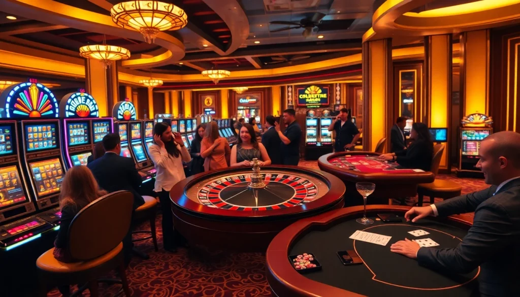 Immerse yourself in the thrilling atmosphere of a Slot Terpercaya casino with vibrant machines and elegant tables.