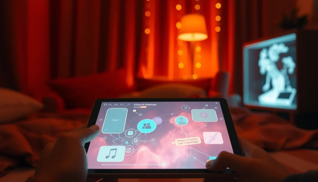 AI sex interaction with a digital partner in a cozy setting.