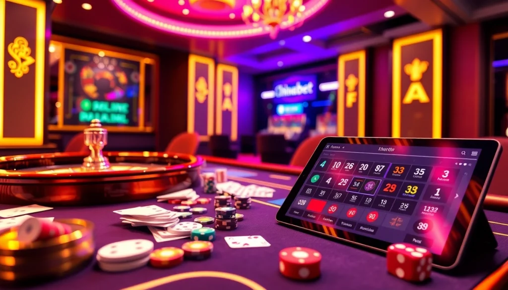 Enjoy an exciting gaming atmosphere at thabet77.sa.com with dynamic tables, poker chips, and vibrant lights.