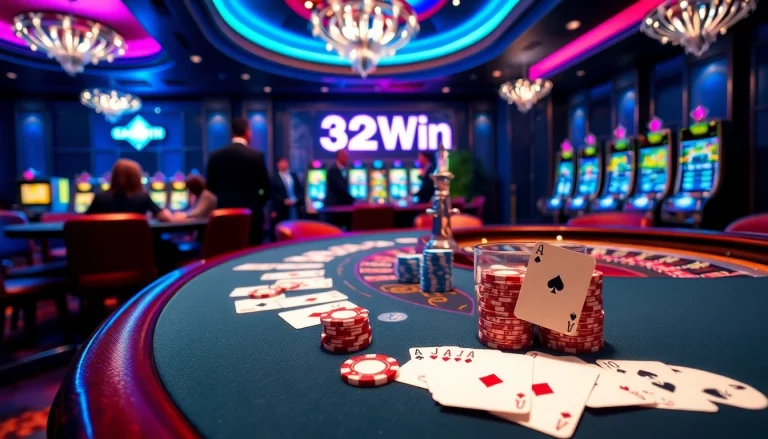 Experience high-stakes gameplay at 32Win's luxurious casino with vibrant poker tables and spinning roulette wheels.