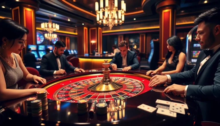Experience the thrill of gambling at https://11bet.fashion/ with players enjoying high-stakes roulette at a luxurious casino.