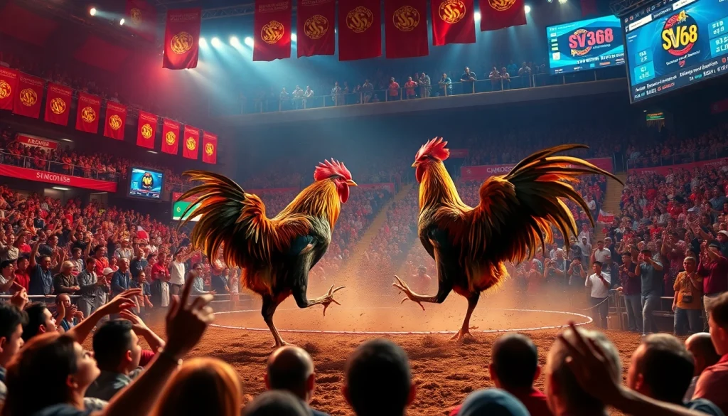 Live cockfight action at sv368win.live, featuring intense competition and enthusiastic crowd.