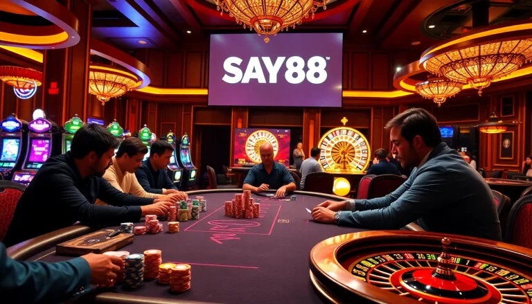 Experience excitement at SAY88 with a digital poker table and vibrant casino ambiance.