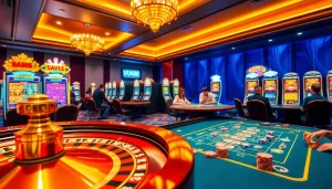 Experience the thrill of VUA88 gaming at a luxurious casino with engaging poker and roulette tables.