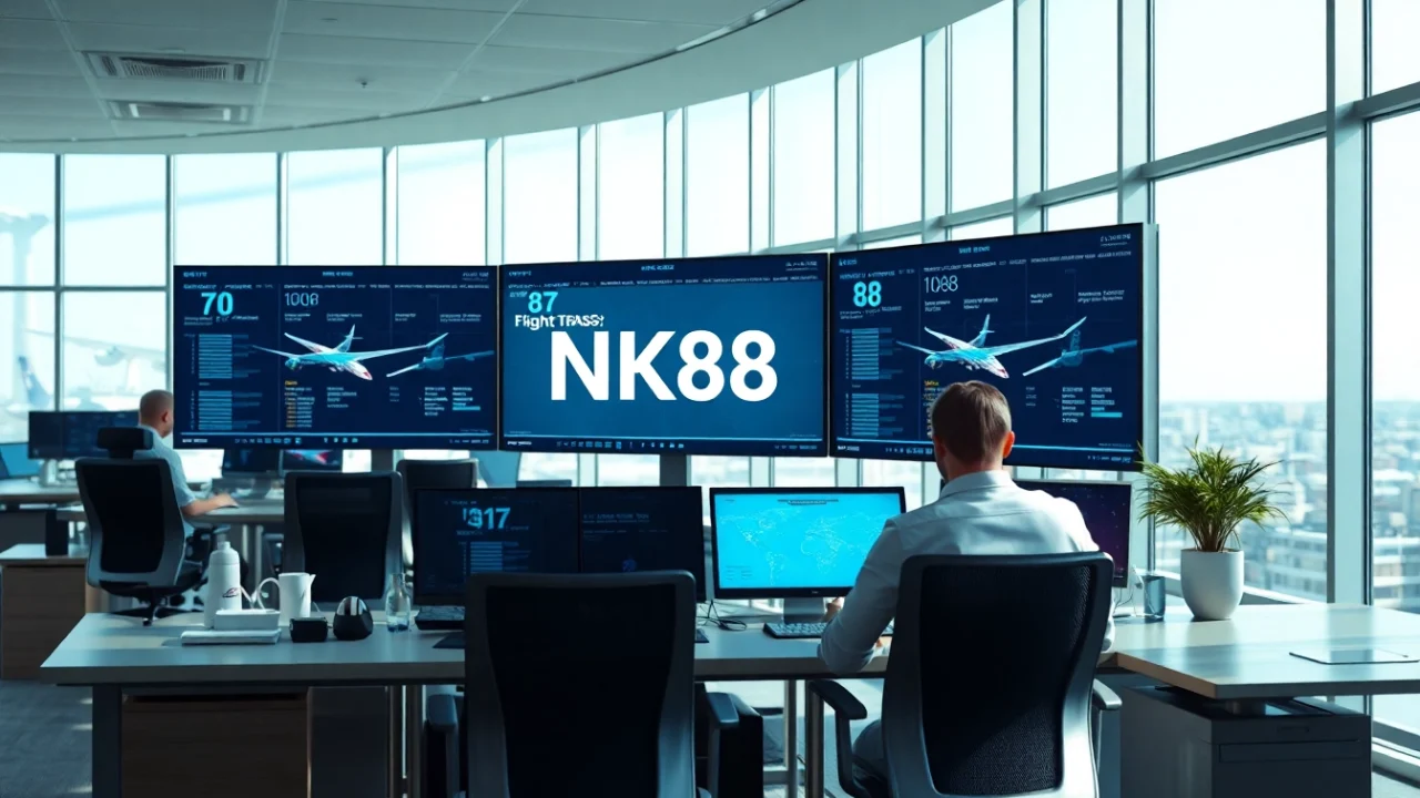 Real-time flight tracking office featuring NK88 data screens and aviation technology.