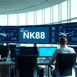 Real-time flight tracking office featuring NK88 data screens and aviation technology.