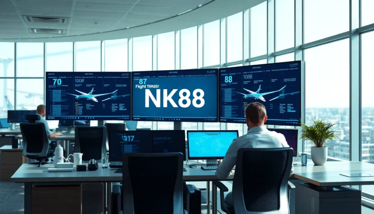 Real-time flight tracking office featuring NK88 data screens and aviation technology.
