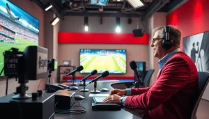 Engaging sports broadcasting studio with an enthusiastic host discussing live sports action.