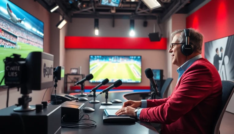 Engaging sports broadcasting studio with an enthusiastic host discussing live sports action.