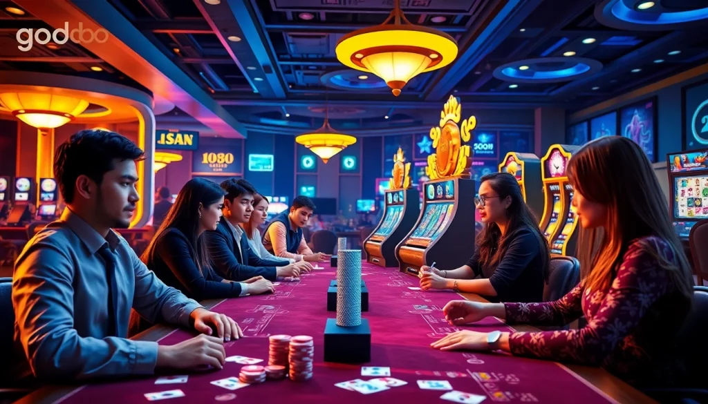 Engaging online gaming environment representing Good88.hu.net with players, casino games, and vibrant animations.