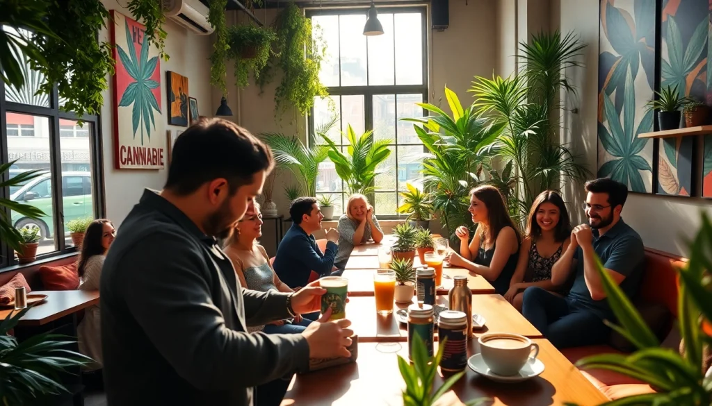 Enjoying cannabis coffee at a cozy Cannabis Coffee Shop Madrid with vibrant decor and a community vibe.