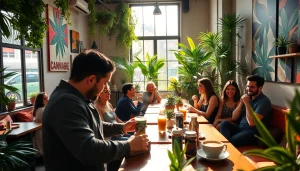 Enjoying cannabis coffee at a cozy Cannabis Coffee Shop Madrid with vibrant decor and a community vibe.