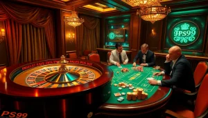 Players strategizing around a poker table in a lively casino atmosphere themed around PS99.