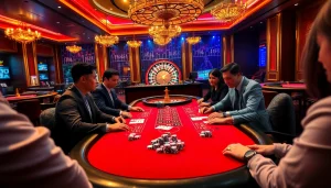 Engaged players strategizing at a poker table representing VT88 nhà cái with excitement and luxury.