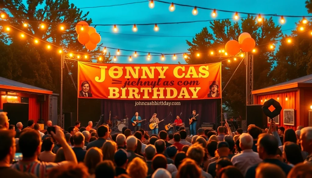 Celebrate Johnny Cash's birthday at a vibrant outdoor concert, showcasing lively crowd and stage elements, as featured on johnnycashbirthday.com.