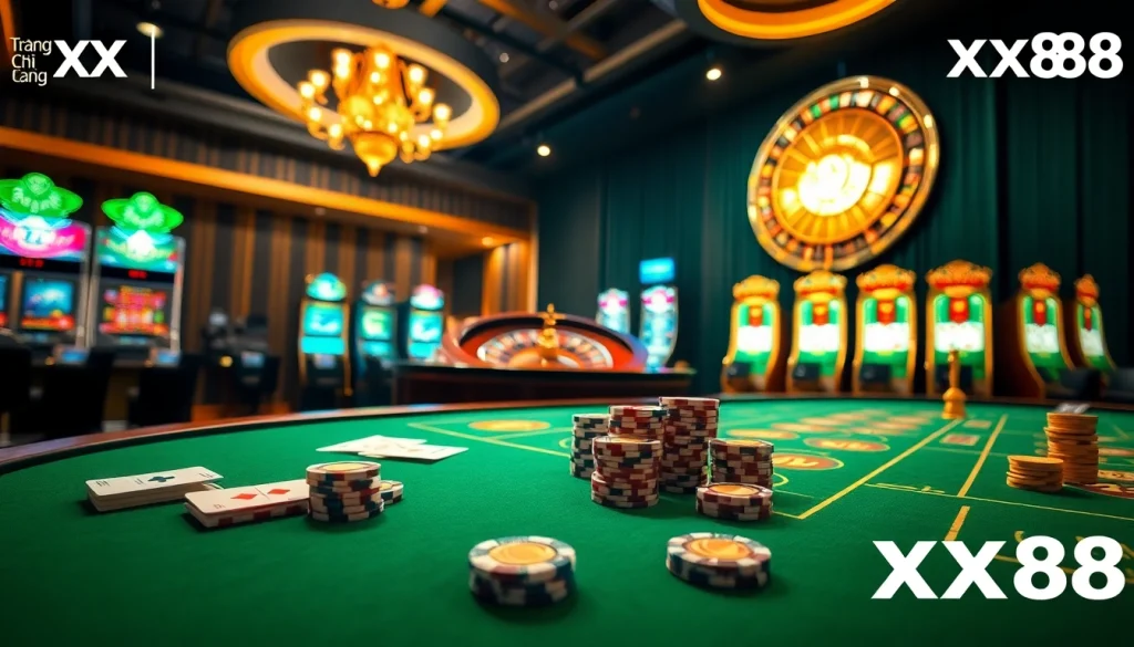 Experience the excitement of trang chủ xx88 with vibrant casino games featuring cards, chips, and roulette.