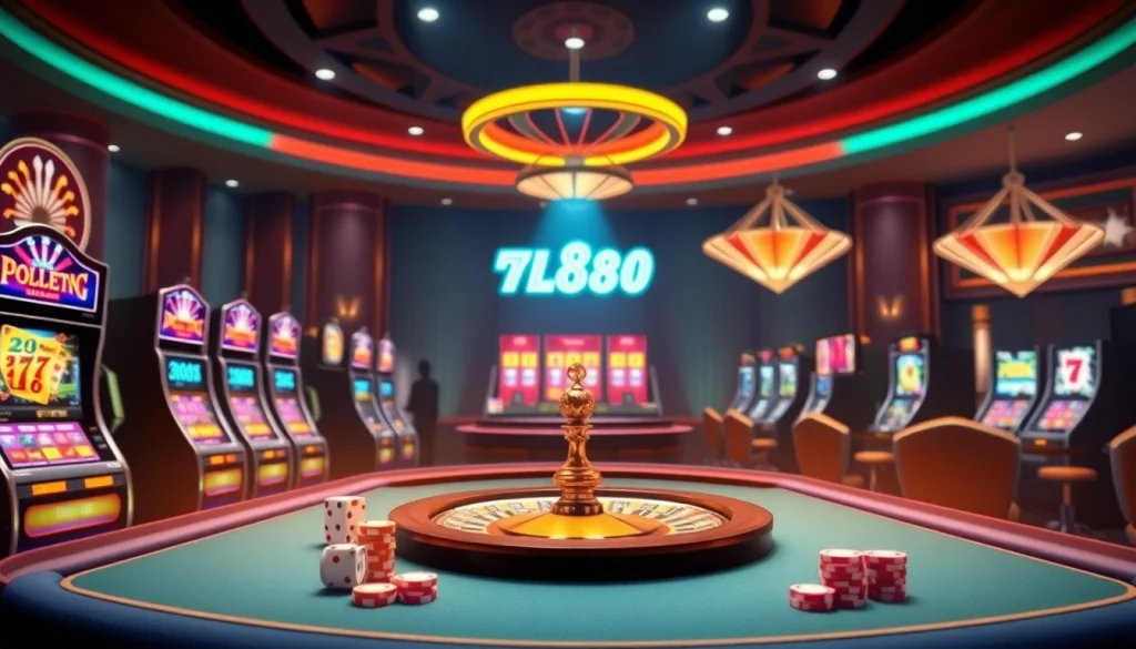 Engaging gambling action at https://tr88in.com/ featuring vibrant casino tables and slot machines.