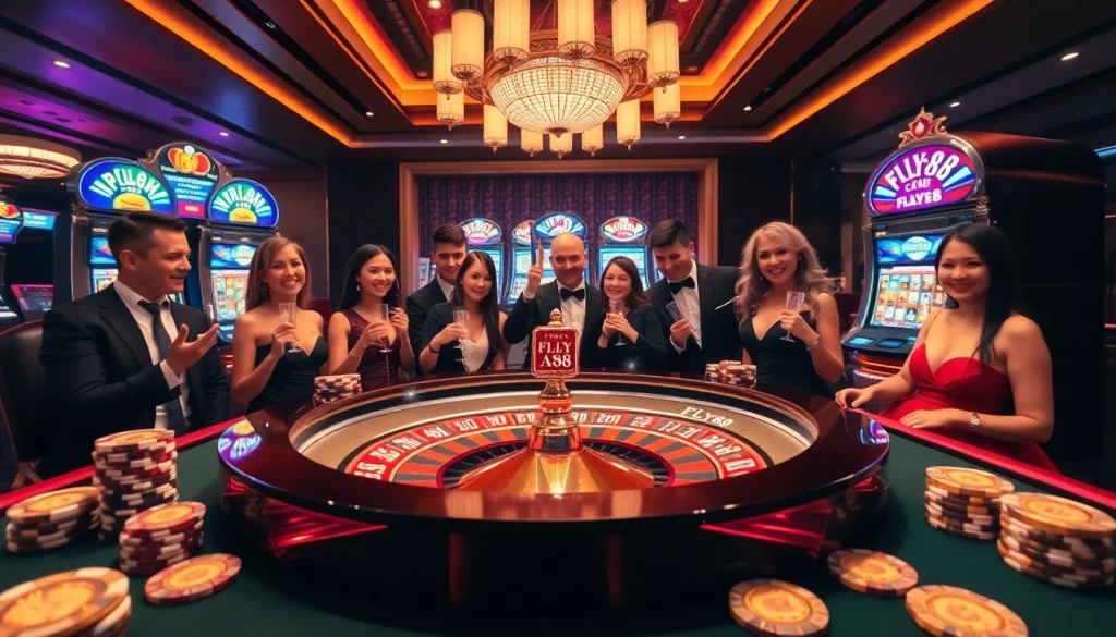 Engaging players exploring the exciting FLY88 casino experience at a luxurious roulette table.