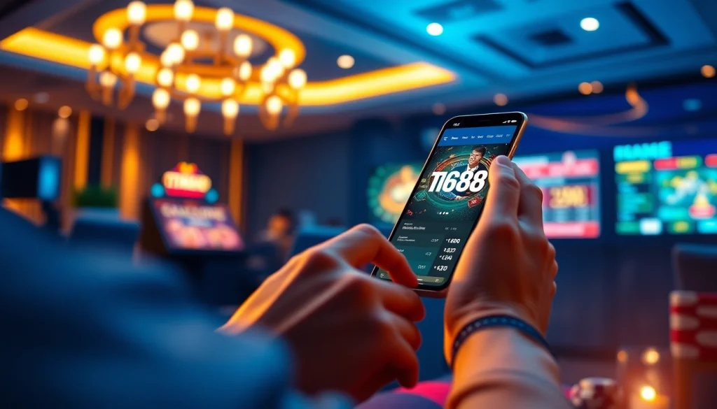 Engaging scene of a user enjoying the tk88win.live online casino experience on a mobile device, set in an inviting atmosphere.