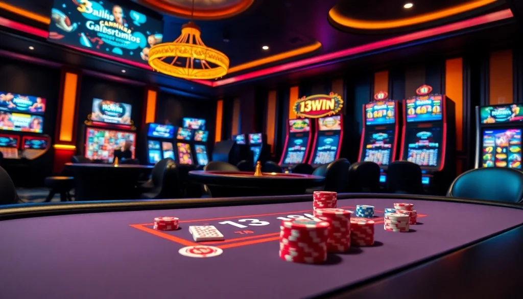 Gamble at 13Win's vibrant casino featuring poker chips and a roulette wheel.