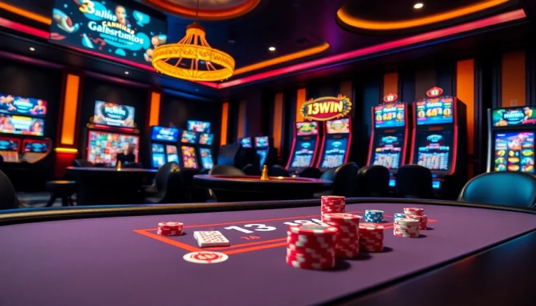 Gamble at 13Win's vibrant casino featuring poker chips and a roulette wheel.