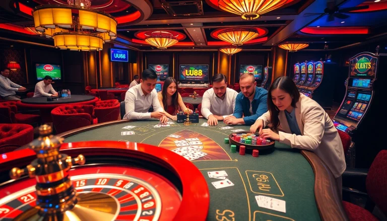 Experience the excitement of gambling at UU88 with vibrant casino tables, poker chips, and lively players.