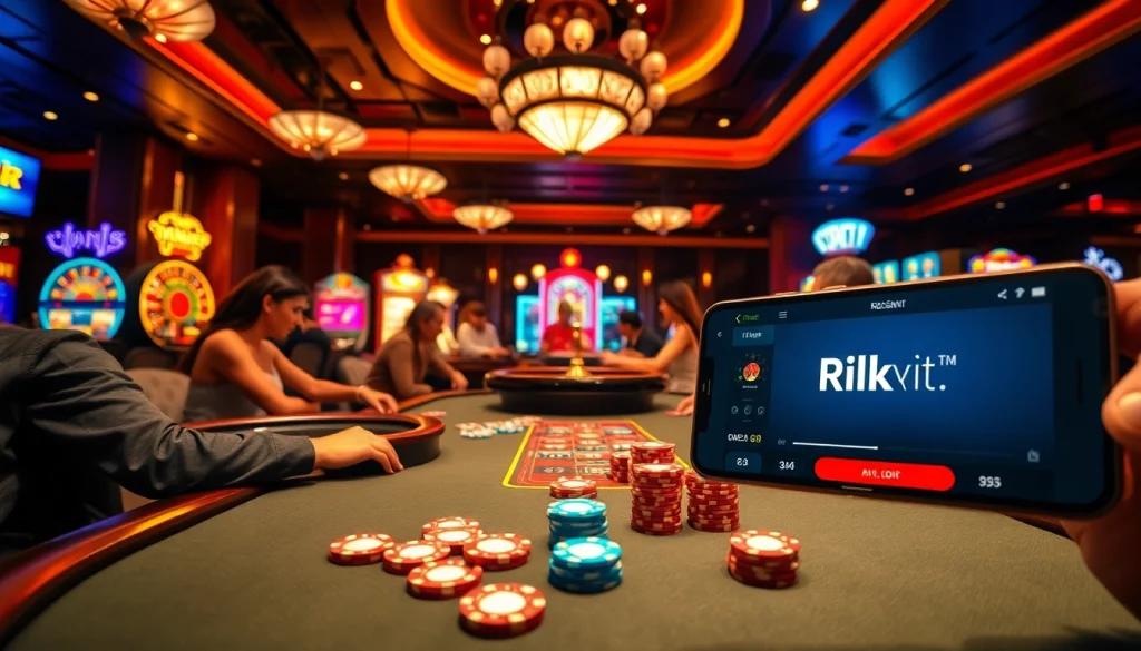 Players engaged in a thrilling poker game at a luxurious casino table, showcasing the excitement of rikvip.gb.net.