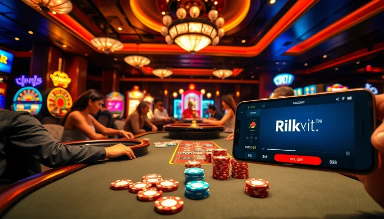 Players engaged in a thrilling poker game at a luxurious casino table, showcasing the excitement of rikvip.gb.net.