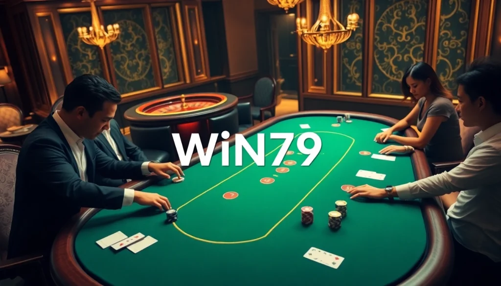 Win79 poker players strategizing with high stakes at a luxurious casino table.