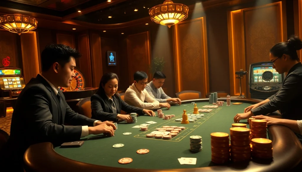 Players strategizing at a high-stakes poker table within the liên minh kjc casino.