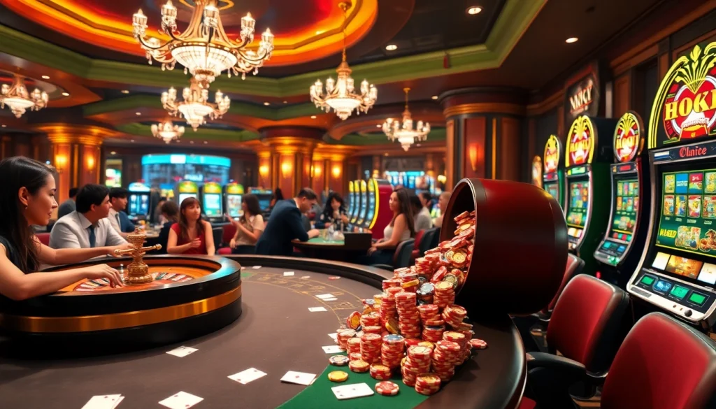 Experience the excitement of casino gaming with liên minh kjc, featuring roulette, cards, and vibrant players.