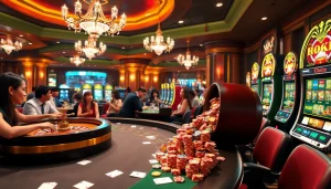 Experience the excitement of casino gaming with liên minh kjc, featuring roulette, cards, and vibrant players.
