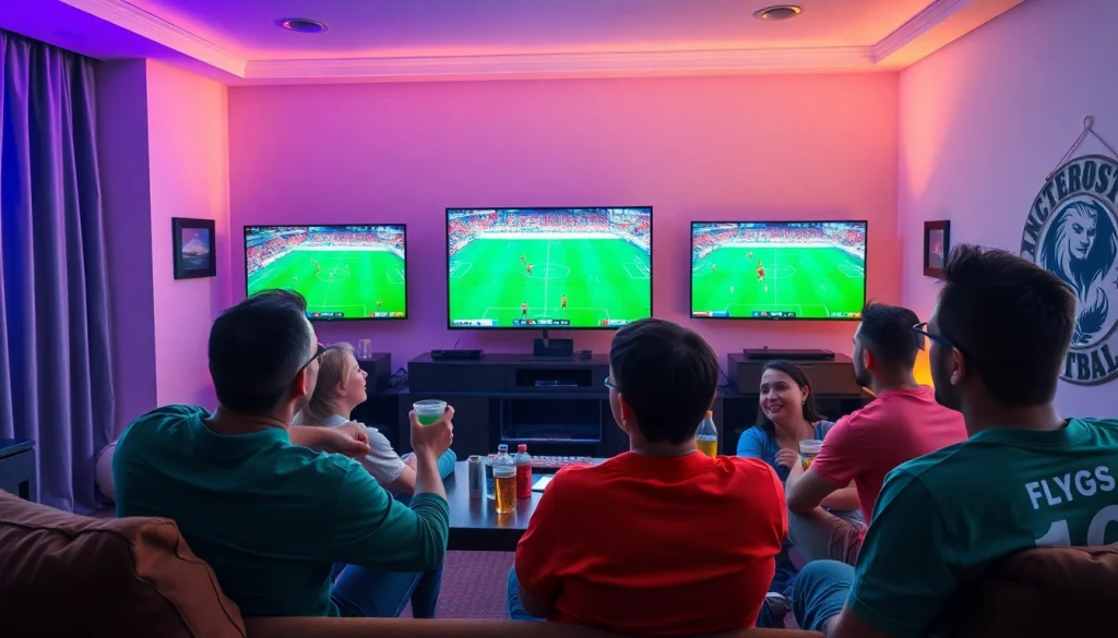 Excited fans enjoying live matches streamed on joemadfan.com in a cozy living room setting.