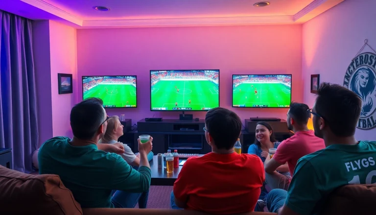 Excited fans enjoying live matches streamed on joemadfan.com in a cozy living room setting.