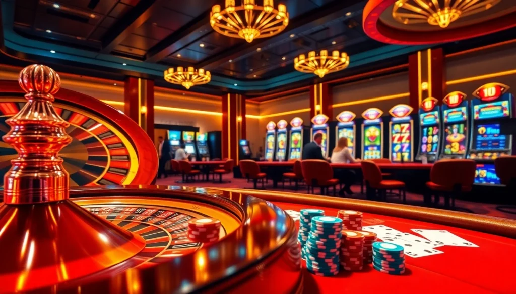 Engaging casino scene at 69vn.gb.net showcasing roulette, poker tables, and vibrant slot machines.