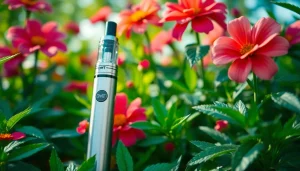 Buy DMT with an elegant vape pen highlighted among vibrant flowers and lush green foliage.